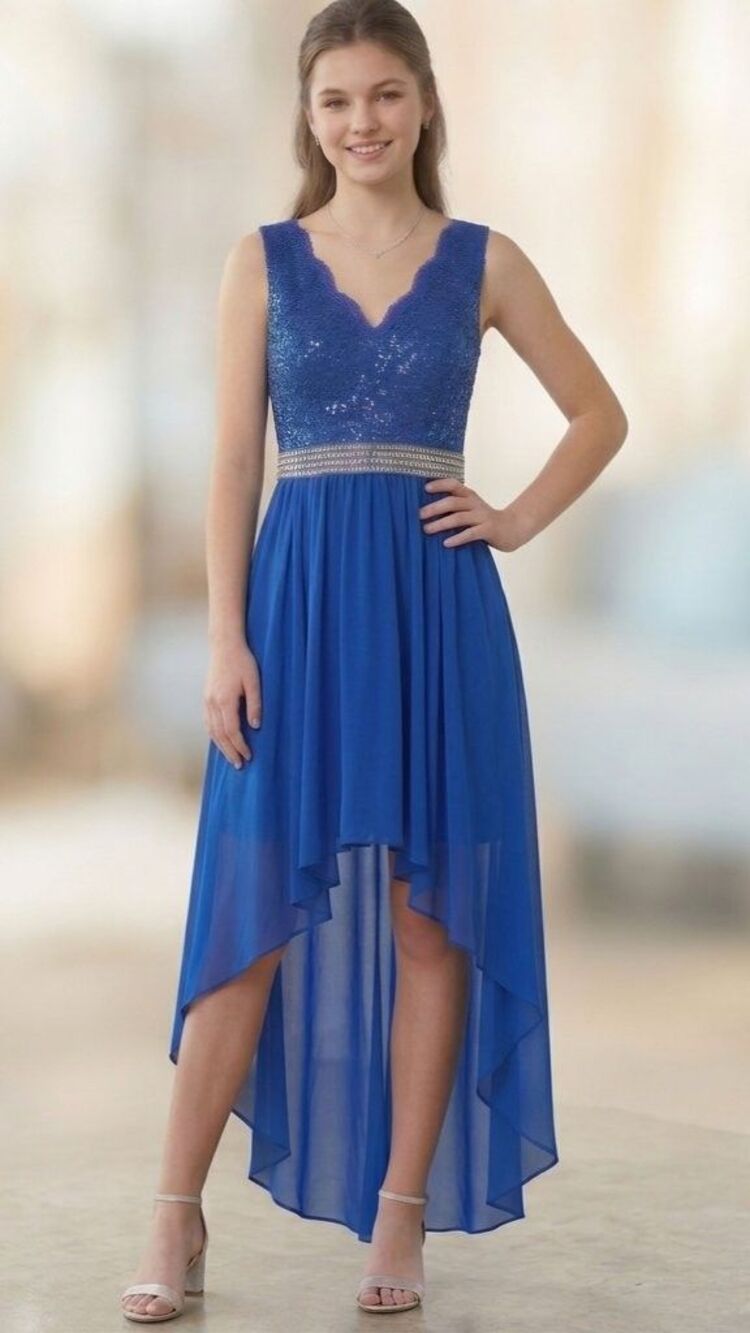 B. Smart Royal Blue Sequin Lace High-Low Formal Dress Juniors Size 5